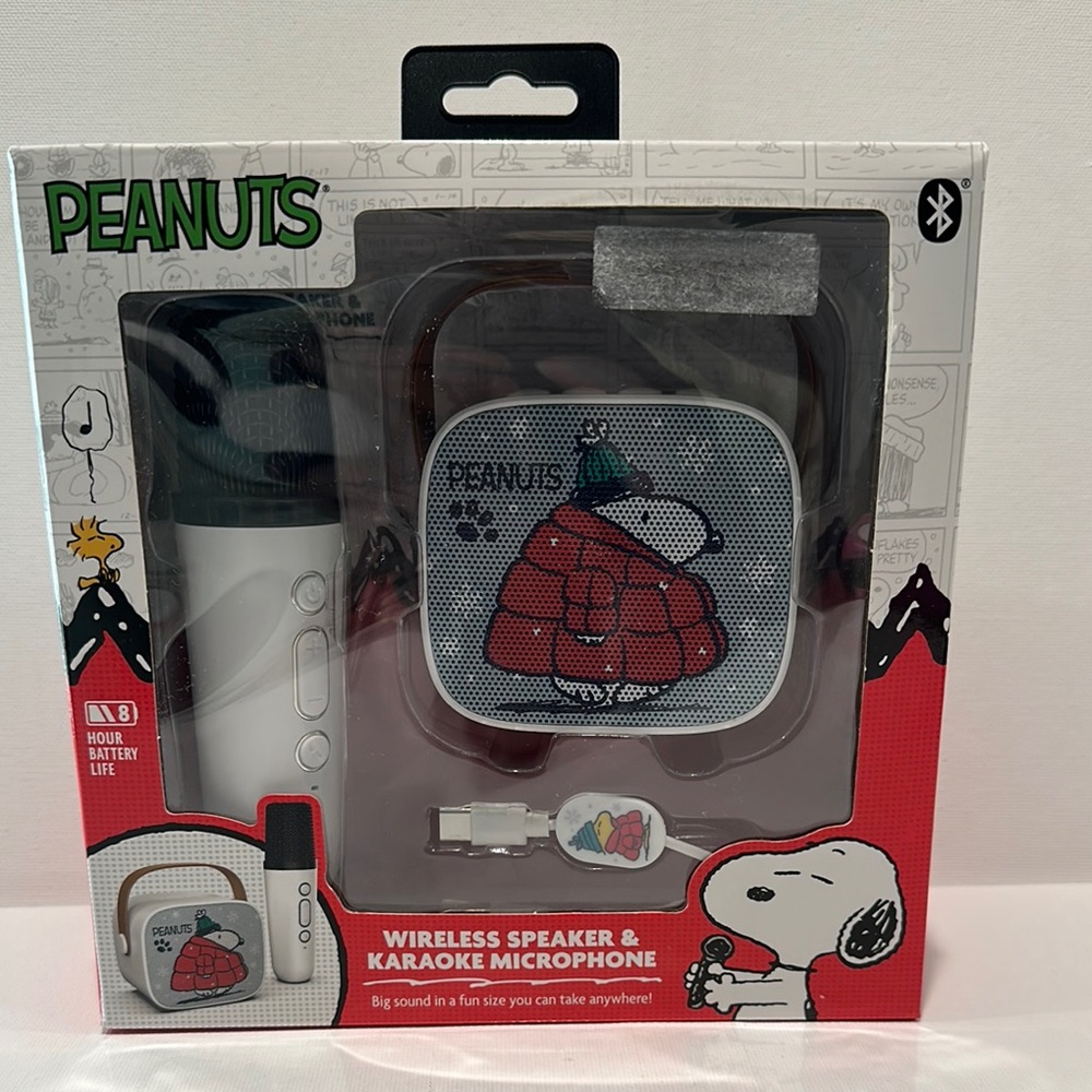 Peanuts Wireless Speaker and Karaoke Microphone w 30ft Speaker range/8hr play.
